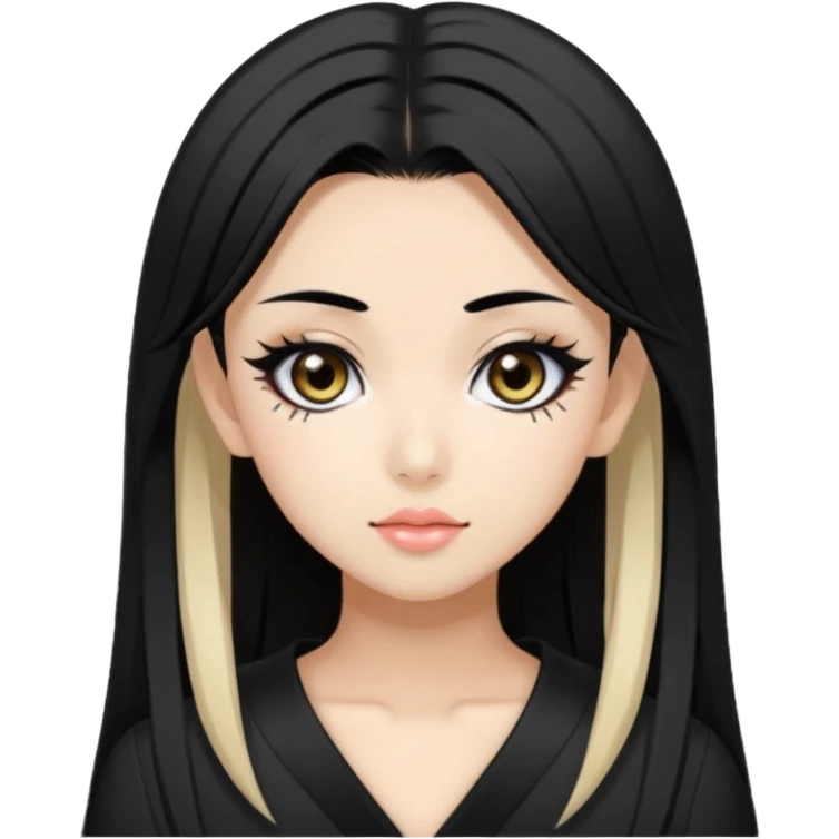 Hime gyaru girl, medium-long, straight black hair, black slanted eyes and thin black eyebrows, gyaru makeup, emoji
