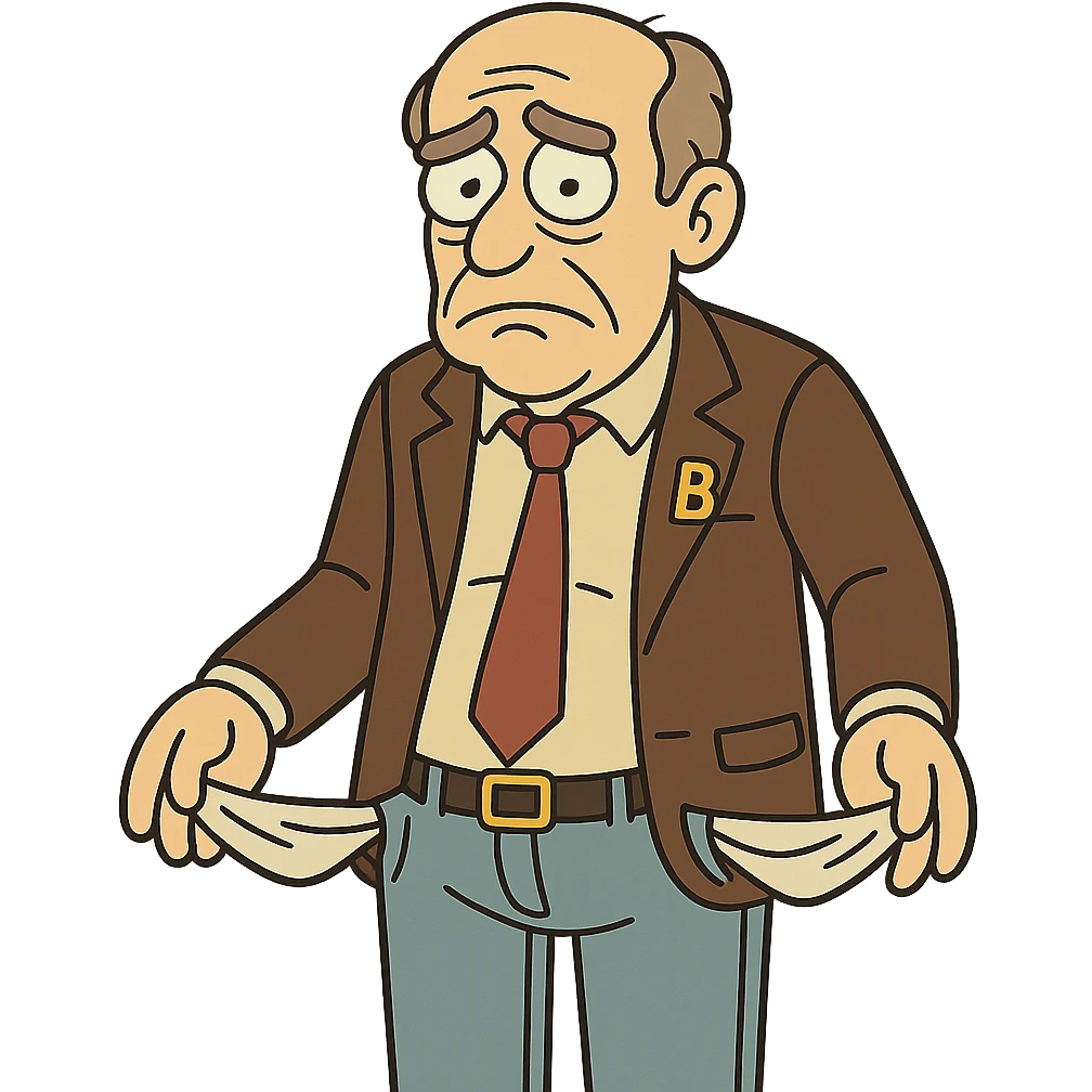 ex billionaire, sad expression, empty pockets, cartoon style emoji