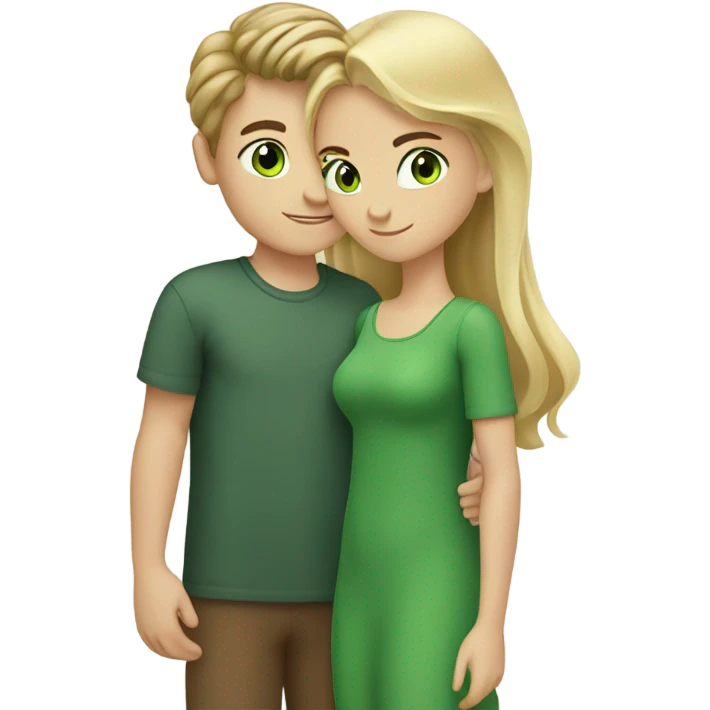 Blond boy with green eyes and brunette girl with brown eyes hold hands in love emoji