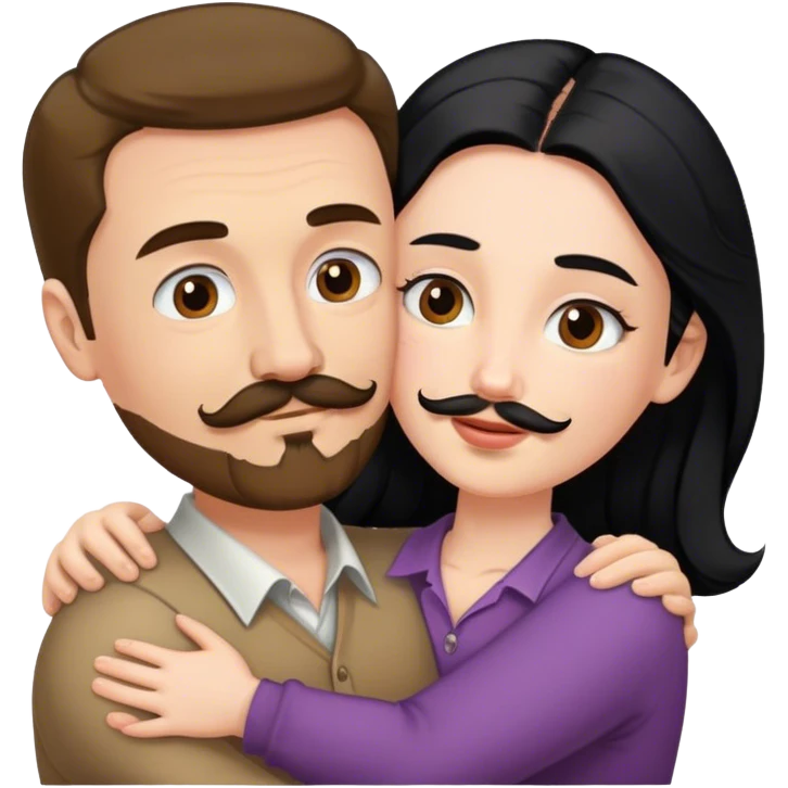 Tall white man with brown mustache and goatee hugging a short pale woman with long black hair emoji
