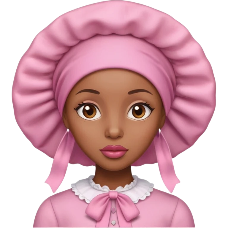 black woman with big lips with a pink bonnet on. no hair showing emoji