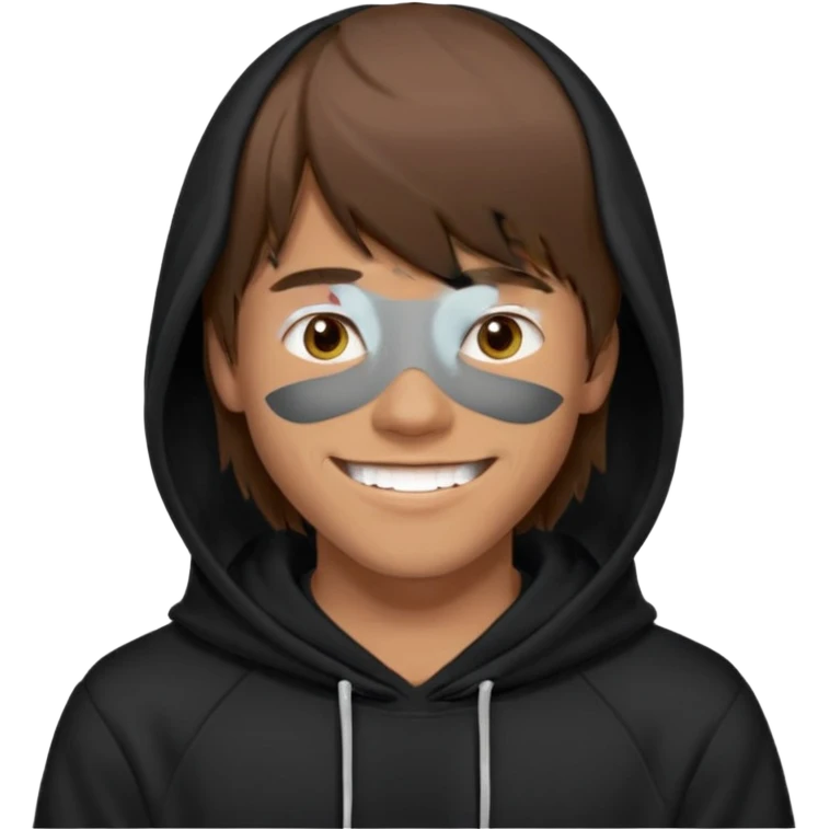 20 yr old man, brown hair, straight, big smile, white teeth, tanned skin, bangs, black hooded sweatshirt, long hair in back, middle parted bangs emoji