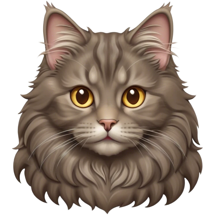 Cinematic Adorable Fluffy Grey-Brown Maine Coon Cat Portrait Emoji, Head tilted playfully and inquisitively, rich grey-brown fur with soft, flowing tufts, Simplified yet charming features, highly detailed, glowing with a warm, friendly glow, high shine, curious and affectionate, stylized with a touch of whimsy, bright and alert, soft glowing outline, capturing the essence of a mischievous yet loving kitten, so endearing it feels like it could pounce out of the screen with its fluffy tail swishing gracefully! emoji
