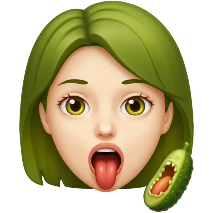 A girl opening her mouth insanely wide with a pickle inside her mouth  emoji