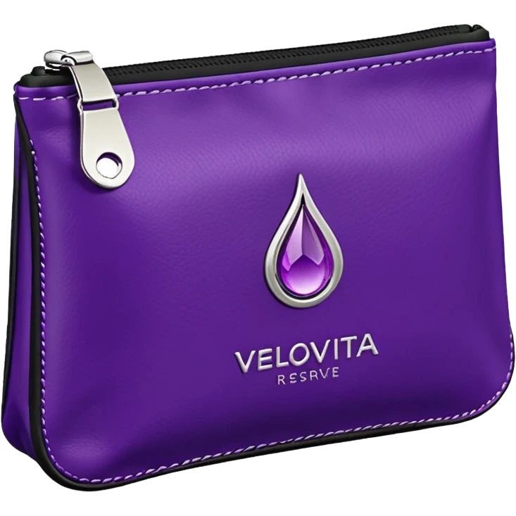 compact high-end purple supplement pouch with shiny silver highlights and simple droplet logo, VELOVITA RESERVE antioxidant product, contemporary premium look emoji