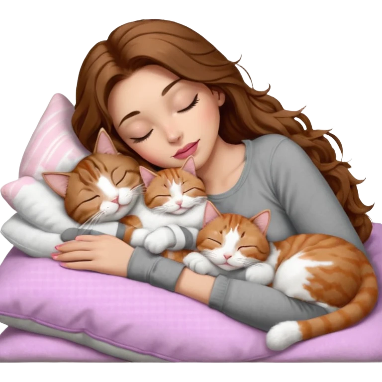 girl with long wavy brown hair, brown eyes, long lashes makeup, sexy pink lips, light to medium complexion,  sleeping on a cozy pillow, with 6 cats: 1 brown and white tabby cat, 1 ginger and white, 2 grey and white, 1 grey with white mittens and small white patch on chest and 1 calico, sleeping emoji