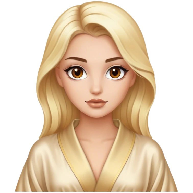 blonde model with brown eyes, luxury makeup, silk robe emoji