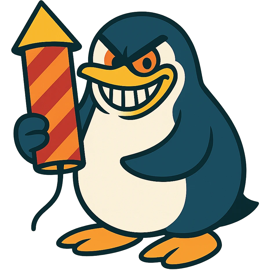 penguin holding a firework, grinning menacingly emoji