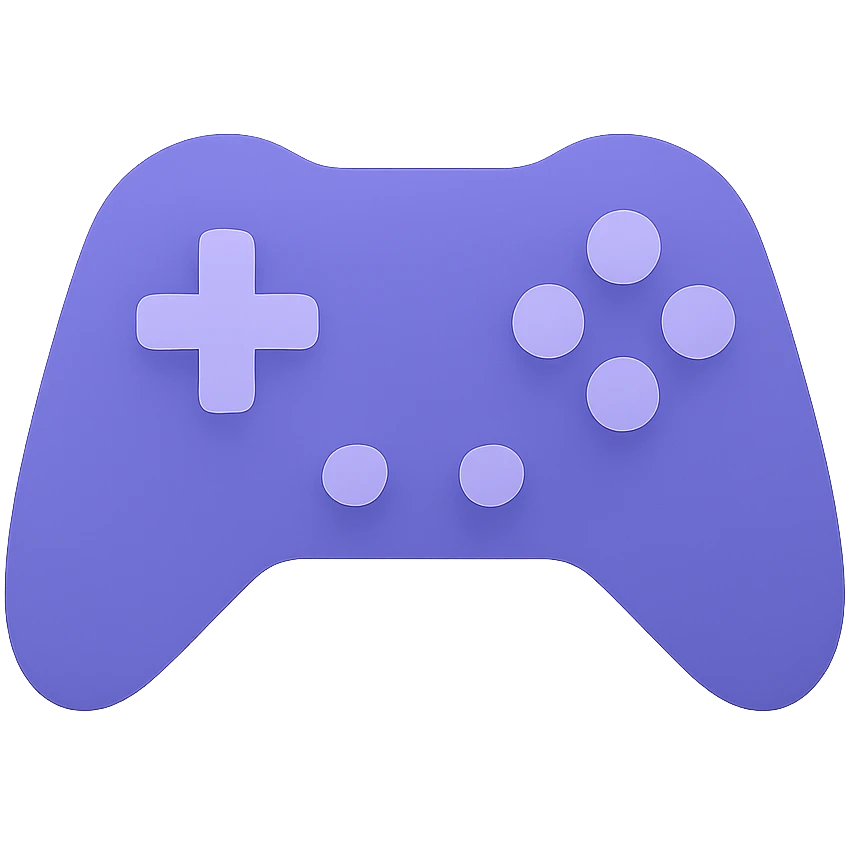 A modern, minimalistic icon of a game controller in flat design style, using harmonious shades of purple and lilac with soft gradients or shadows for depth, suitable for mobile and web applications. emoji