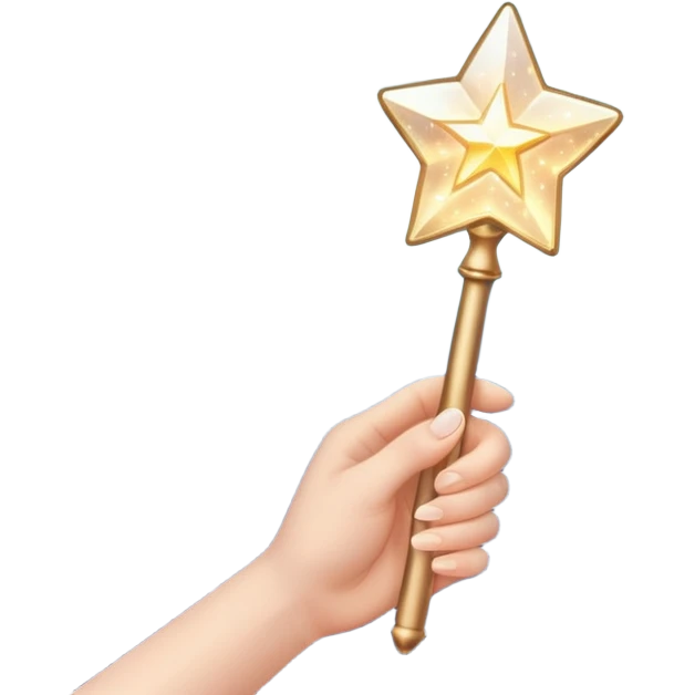 hand holding a glowing magic wand with sparkles and magical glow emoji