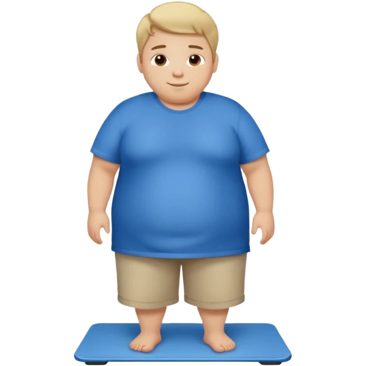 A young male with short dark-blonde hair and medium-light skin, only slightly overweight. He stands on a scale with a relieved, happy expression after noticing weight loss. He wears blue cloth, his posture relaxed with a gentle smile. emoji