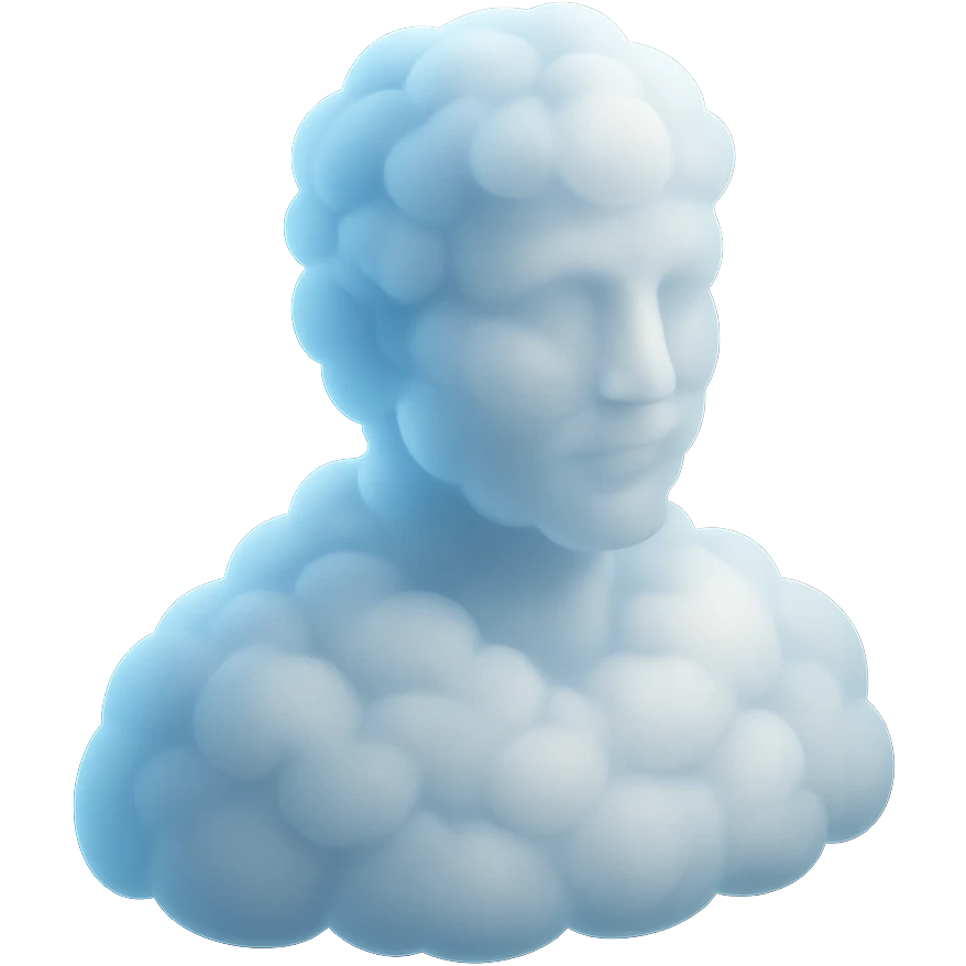 shoulder-up front view of a person fully made of bright, puffy clouds, including the face, matte glass style emoji