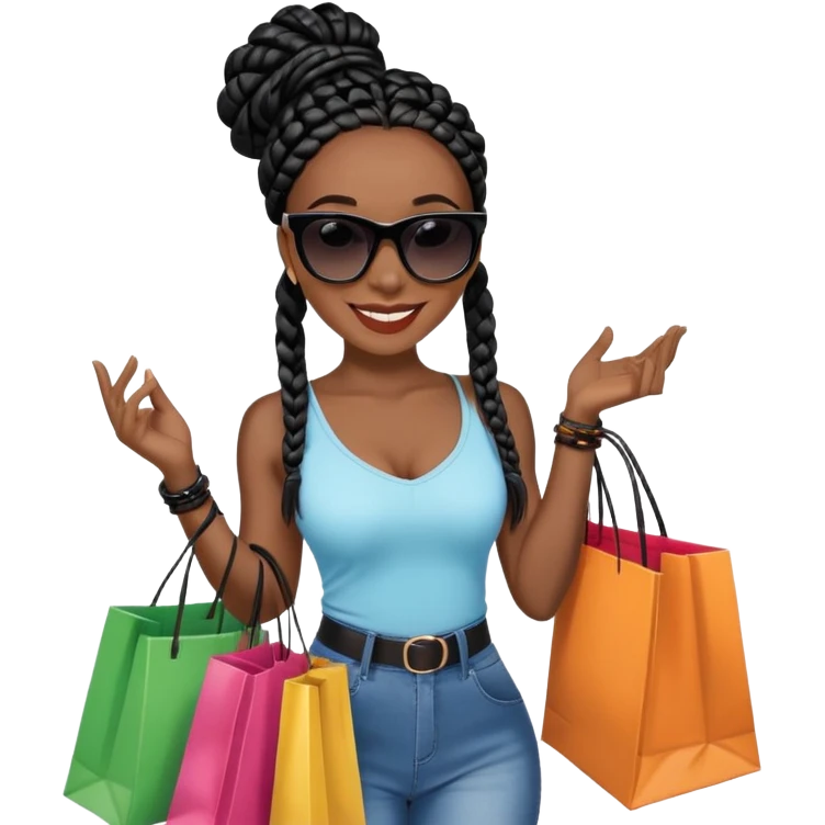 A dark-skinned Black woman with black box braids, holding shopping bags, wearing stylish sunglasses, smiling. emoji
