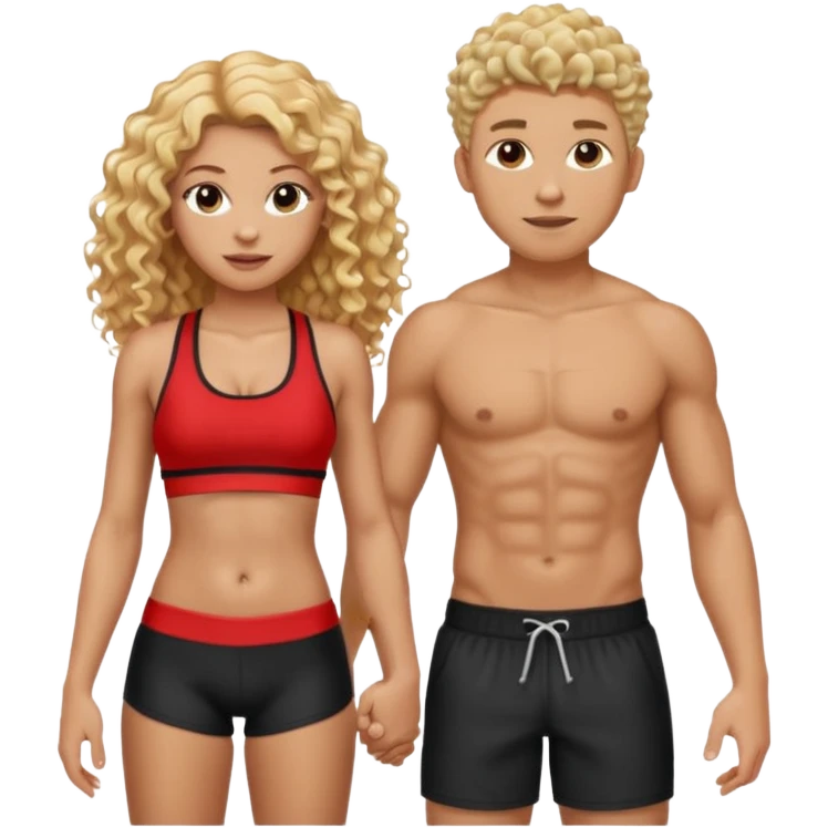 athletic man, high top fade, blonde curly hair only top only, no shirt and Athletic girl with long light red wavy long hair and black sports, Put them together kissing, or holding hands emoji