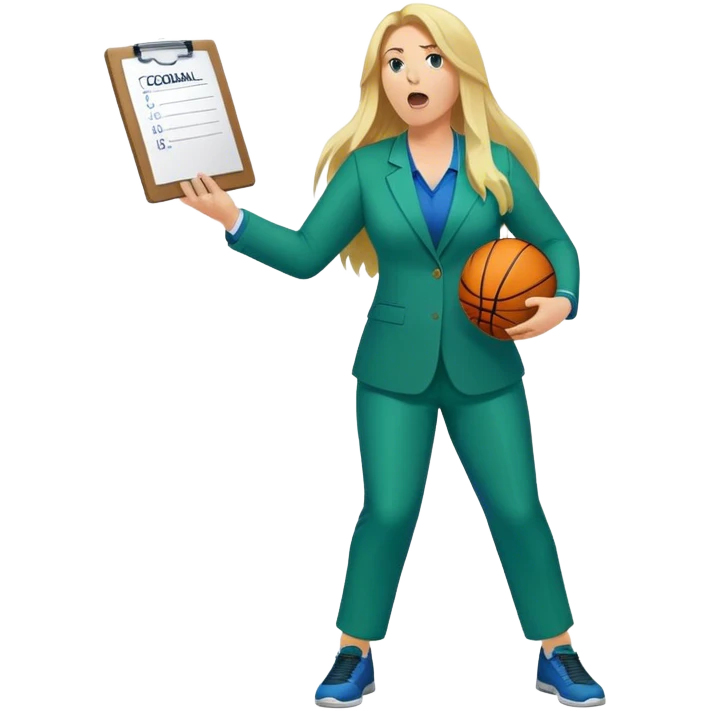 Full Body white plus size female basketball head coach yelling using a clipboard with long blonde hair in a blue and green suit emoji