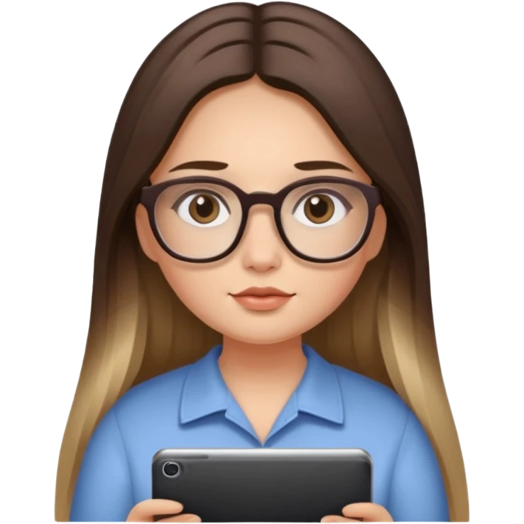 Chica de piel blanca con cabello liso largo con balayage, ojos cafe obcuro con lentes cuadrados, gordita, dando una terapia psicologica emoji