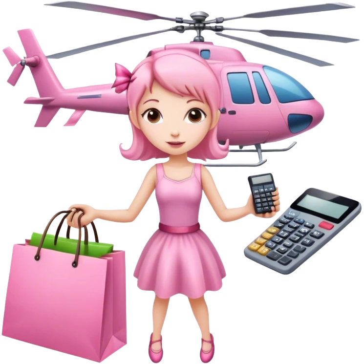 pink fairy girl with shopping bags in one hand and a calculator in the other flying in a helicopter emoji