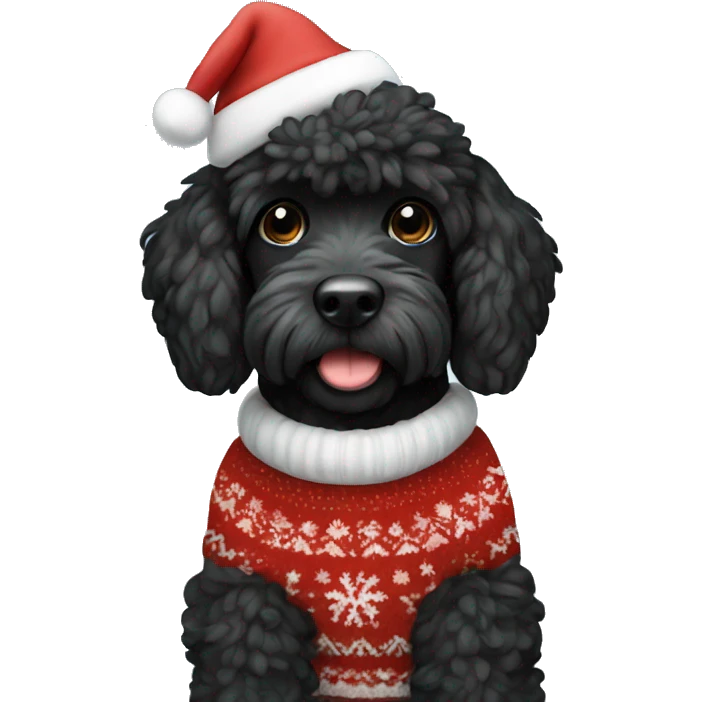 Black Miniature doodle with Christmas sweater and hat  emoji