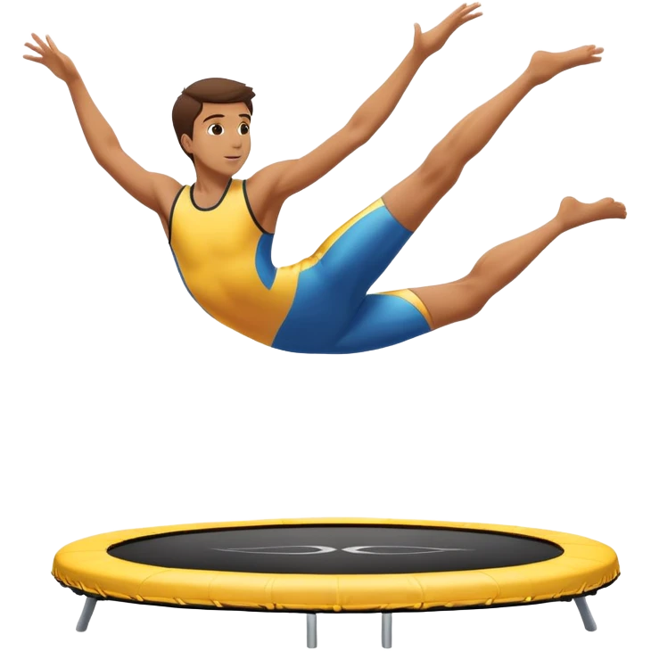 An athletic person soaring high above a trampoline, executing an acrobatic flip with perfect form. The scene captures motion and energy, with a dynamic pose, stretched limbs, and a focused expression. The background suggests a professional trampoline arena with safety padding. emoji