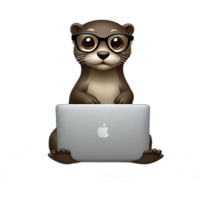 female otter with glasses use a macbook while seated against a pillow emoji
