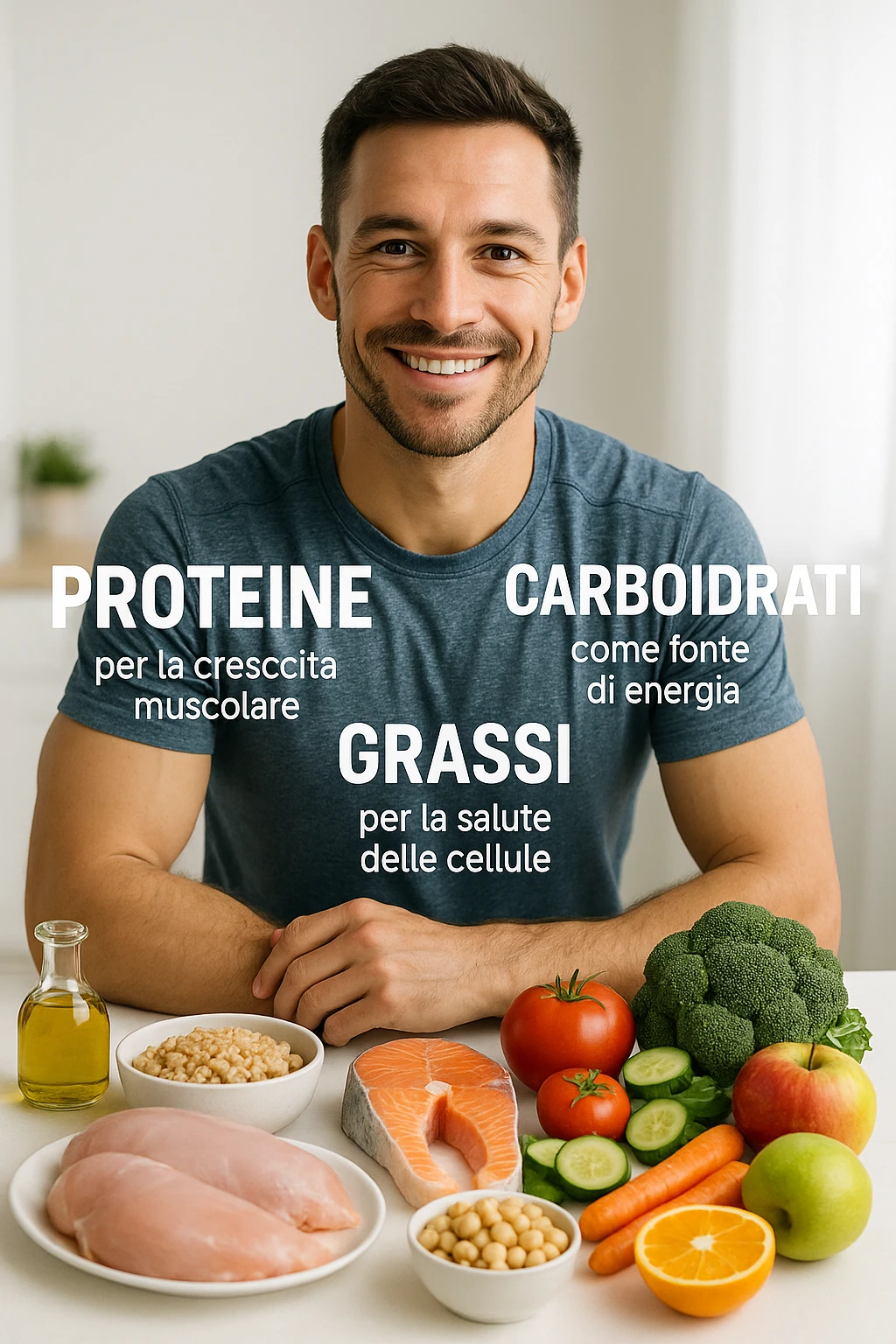 uomo che fa alimentazione attraverso i giusti macronutrienti. Scritte in ITALIANO immagine 4k realistica emoji