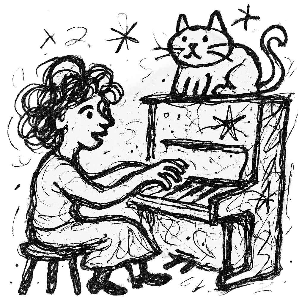 woman playing piano while her cat sits on top of the piano emoji