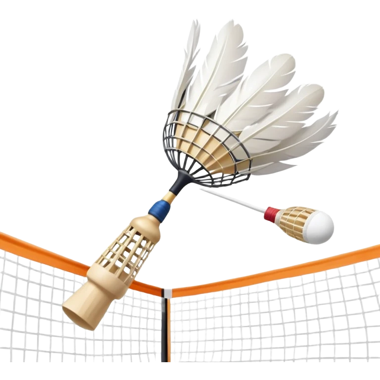 A shuttlecock mid-air above a badminton court, with its feathers spread wide and the background showing a faint outline of a net. The image emphasizes motion and lightness, symbolizing the speed and precision of the sport without players in sight emoji