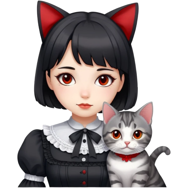 girl wearing black Lolita style dress, with medium-length black hair with red tips, and a gray American Shorthair tabby cat emoji