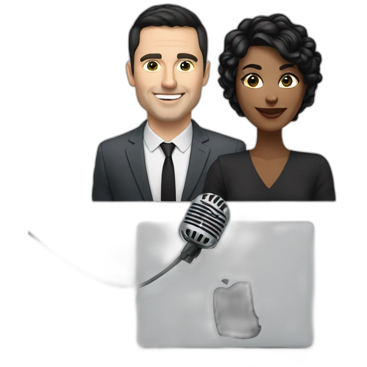 White man with dark hair next to a woman with short white hair, podcasting with mics and a MacBook emoji