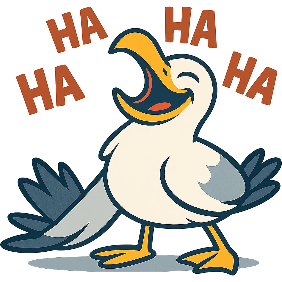 a seagull slapping its wing on the ground, laughing hysterically, vibrant toon style, cartoonish emoji