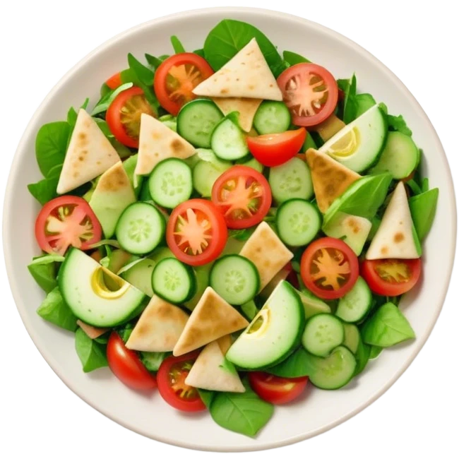 Cinematic Realistic Fattoush Salad Dish Emoji, depicted as a colorful medley of greens, tomatoes, cucumbers, and crispy pita rendered with vibrant textures and refreshing lighting. emoji