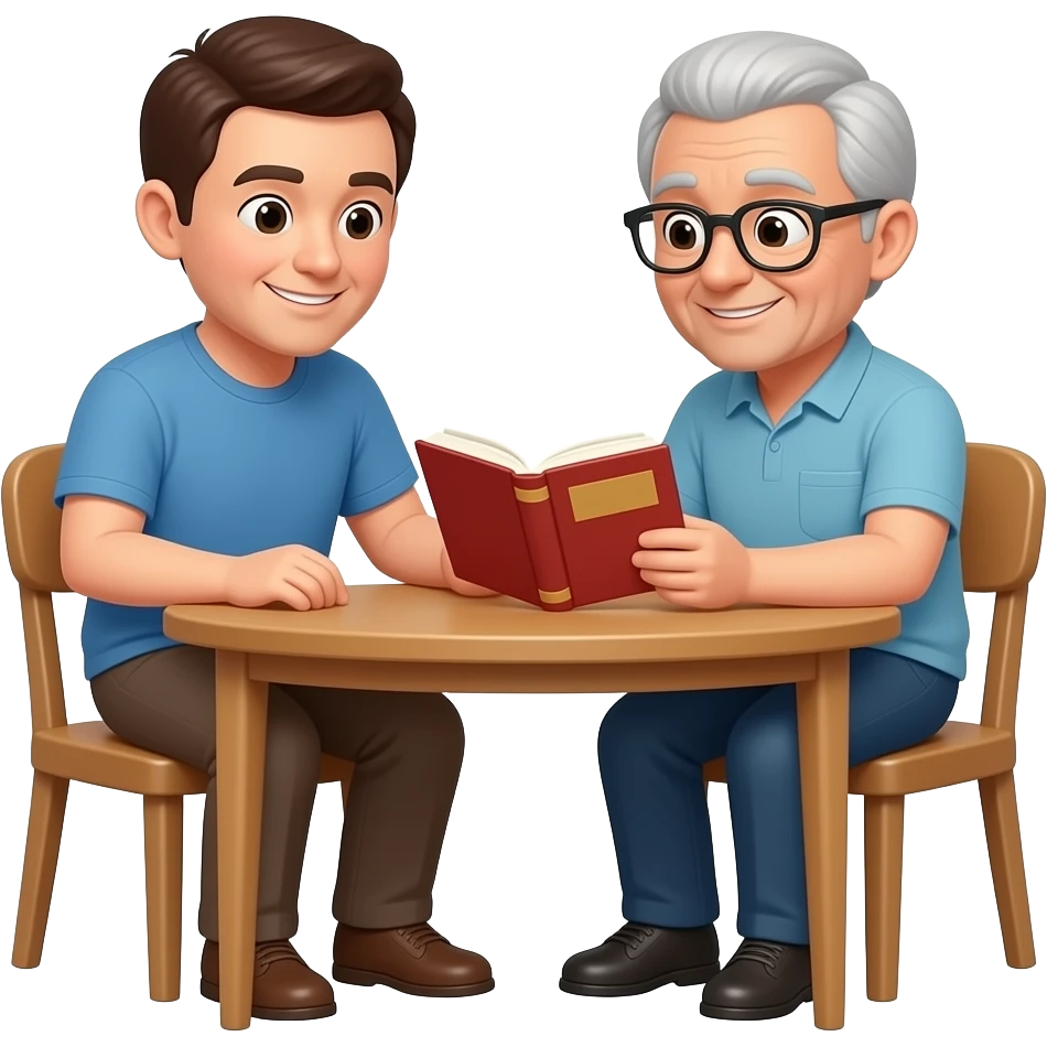 one adult showing an older adult how to read sitting at a table with one book on the table emoji