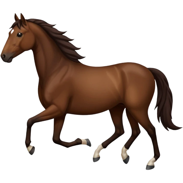 Make a brown horse emoji that has a white spot on head and deep dark brown legs up to knees, also make the tail and mane  a very very dark brown, also make the horse trotting emoji