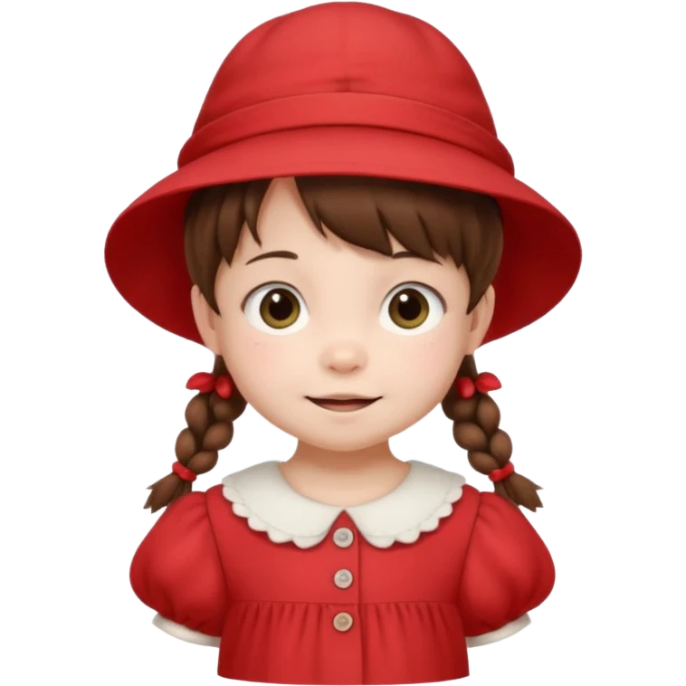 baby girl with brown hair and pigtails with a hat and red dress like My Neighbor Totoro movie emoji