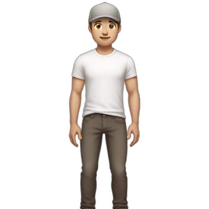 Pale skinned fit Man with dark brown hair in a light gray cap, dark brown jeans, brown polo and white T-shirt keeping a pasted with tape white box into his hands emoji