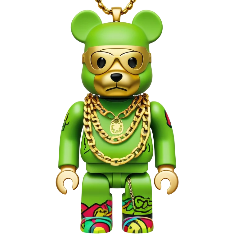 classic bearbrick figure with lime green mask covered in chaotic brand logos, wearing several large gold chains, gold pendant, rapper style accessories, expressive eyebrows emoji