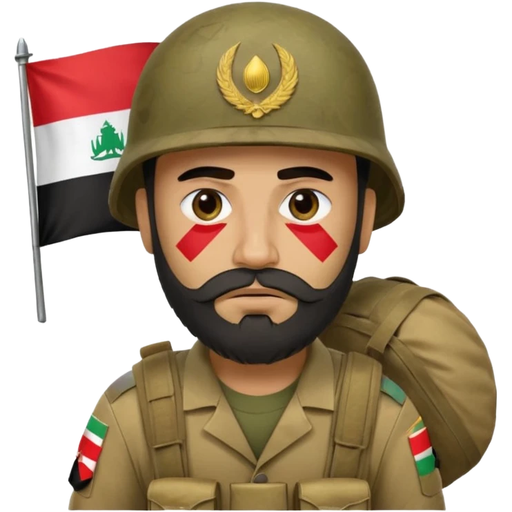 A very tired and sad, swarthy Iraqi soldier with a beard, an Iraqi flag on his helmet, a sad expression and bags under his eyes emoji