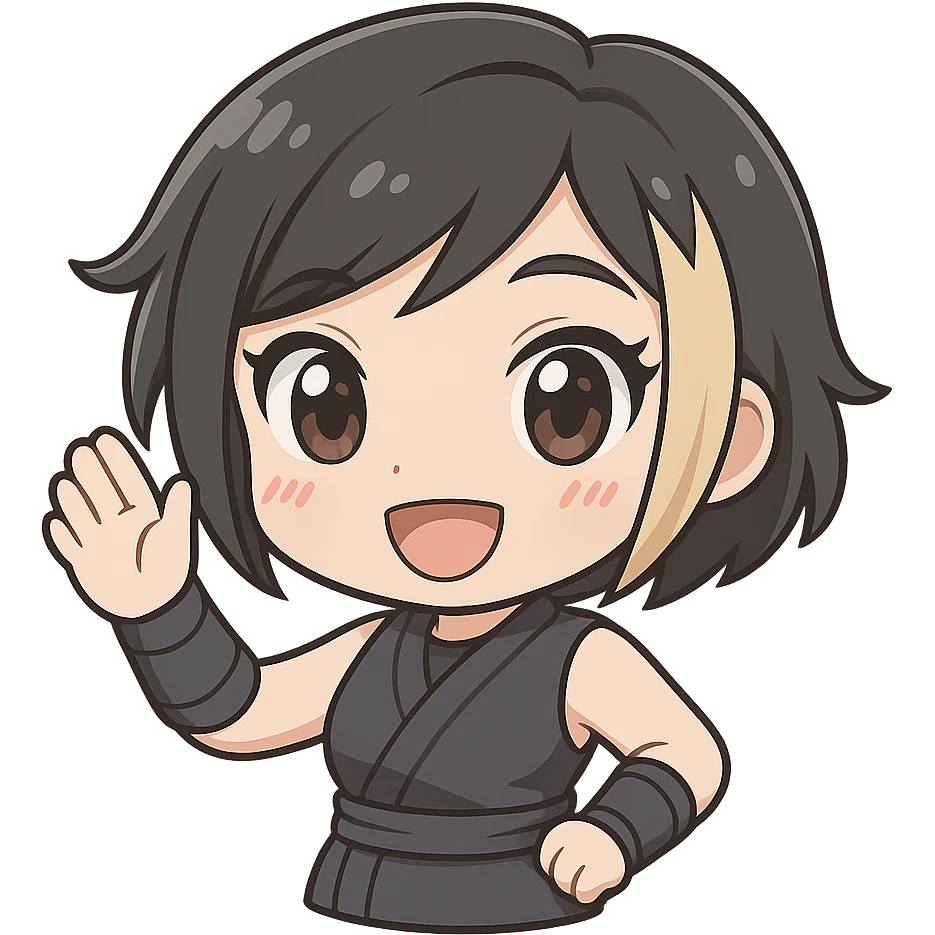 Make this exact chibi ninja girl wave forward (toward viewer), keeping the same anime chibi style, face, outfit, and colors. Only change the arm position for animation. Transparent background, sized for Twitch emoji use. emoji
