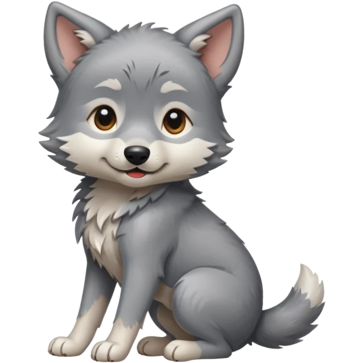 an animated gif sticker emote of a wolf puppy in a play bow wagging its tail in a smooth, natural arc over its back emoji