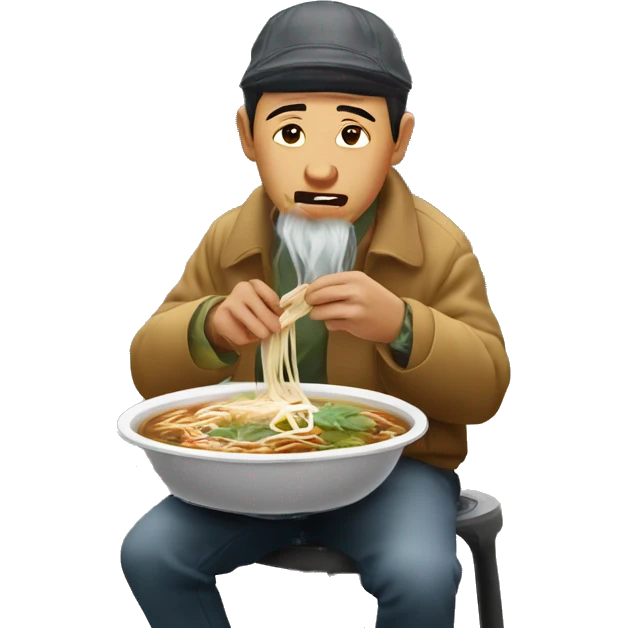 vietnamse man wearing non la eating pho on a plastic stool outside on the street emoji
