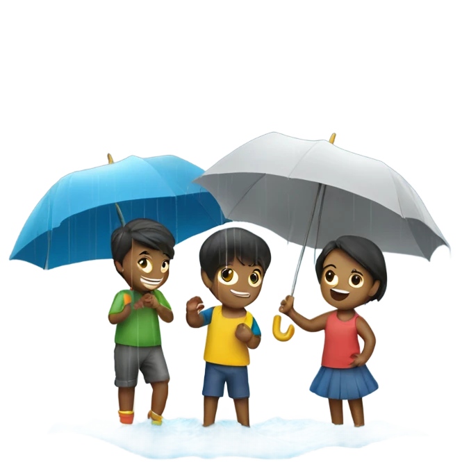 3 kids with a umbrella playing with a paper ship in the rain emoji