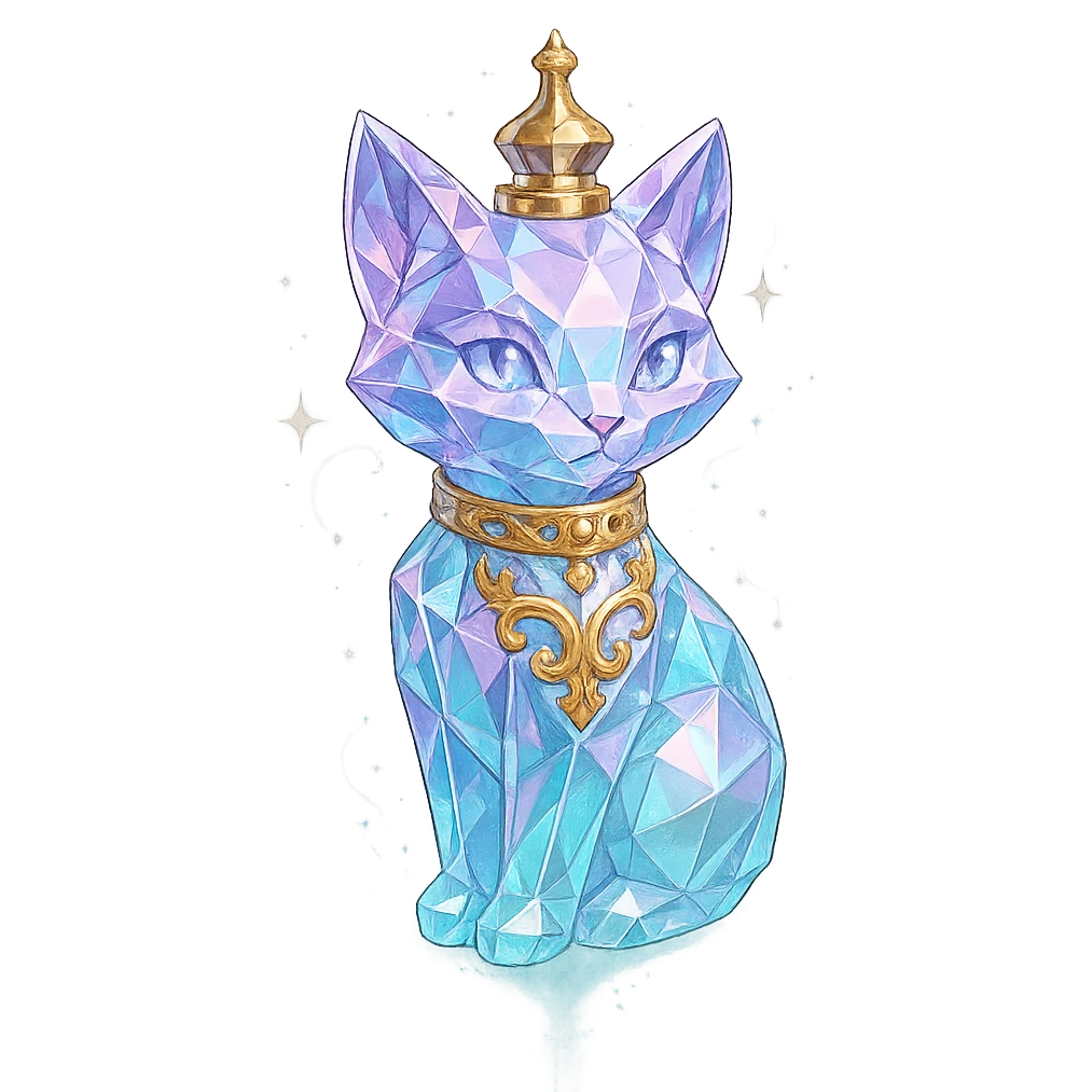 very luxurious crystal elixir bottle in the shape of a kitten, pastel gradient, lots of shine, edges, ornaments, golden details, magical effects, very small golden collar, transparent background, beautiful merging base, clearly floating in the air, no base or shadow, premium class, playful, fitting a collection emoji