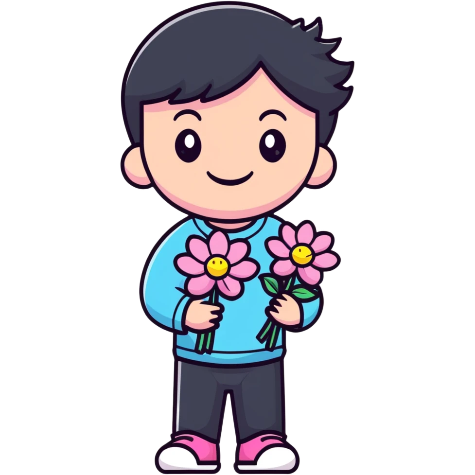 smiling boy with pink flower emoji