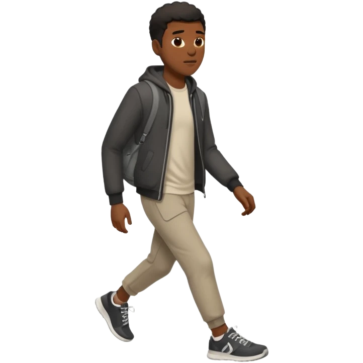 iOS emoji style - A black man with no bag or backpack. Dressed in casual clothes and wearing trainers. Walking quickly.  

 emoji