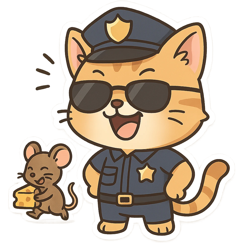 police cat with sunglasses, paws on hips, laughing at mischievous mouse stealing cheese in background, amused not angry emoji