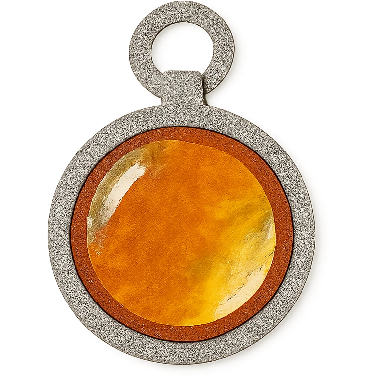 extreme close up of a round cut holographic amber charm with silver metal accent emoji