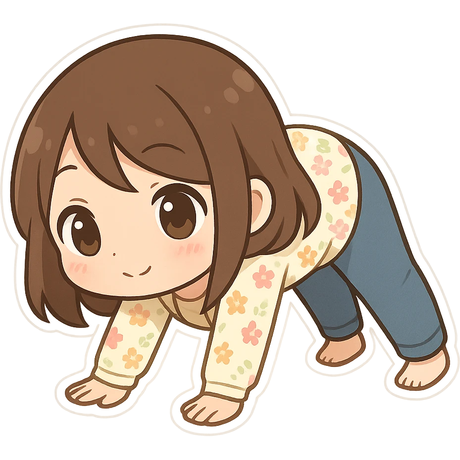 chibi sticker of a girl with brown straight hair and brown eyes, wearing a pastel floral cardigan and jeans, doing yoga in downward dog pose, white outline, transparent background, 512x512px emoji