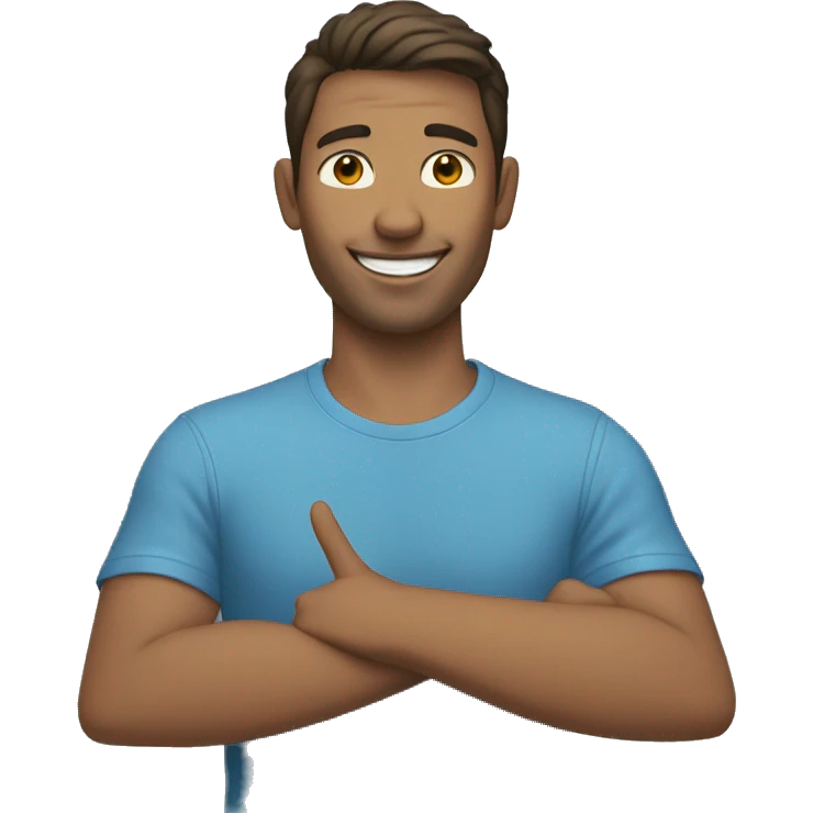 A portrait of a man with a middle part haircut holding the peace sign and he is happy and he has a blue t shirt. He is white emoji