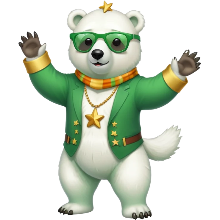 full body friendly anthropomorphised polar bear wearing oversized colorful star glasses and festive St. Patrick's Day outfit, playful pose emoji