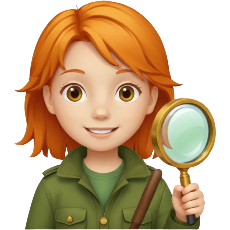 braid orange haired girl kid in moss green explorer outfit, holding magnifying glass, smile emoji